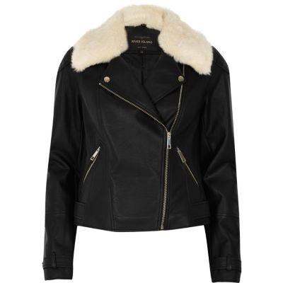 Black faux fur collar biker jacket